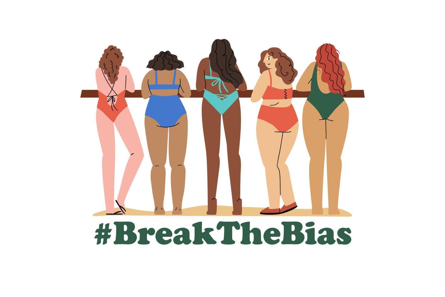 Break The Bias. Horizontal poster with a group of women of different ethnic groups. International women s day. vector