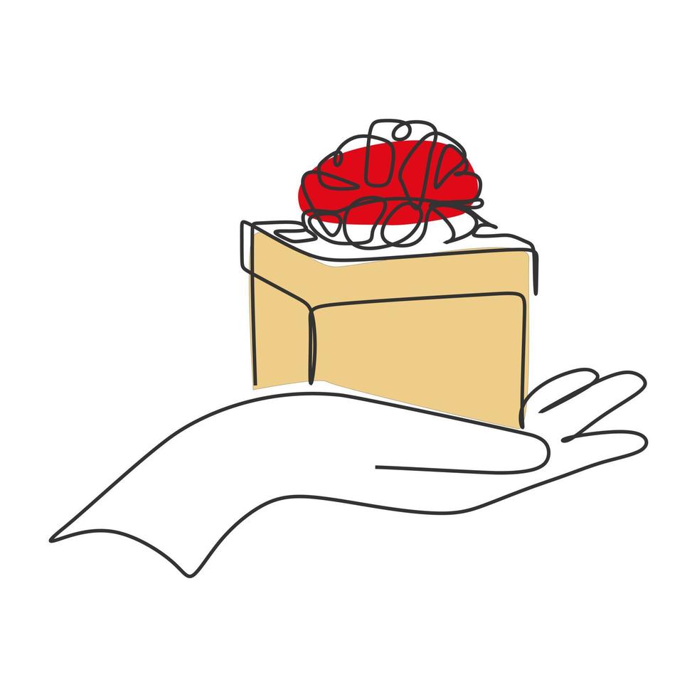 mano que sostiene la caja de regalo presente con cinta roja aislada sobre fondo blanco. ilustración de vector de dibujo de línea continua de diseño simple de color plano para vacaciones y concepto de relación