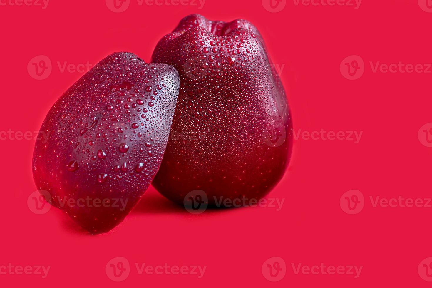 Red apples on a colored background. Selective focus. Harvesting. Healthy food. photo
