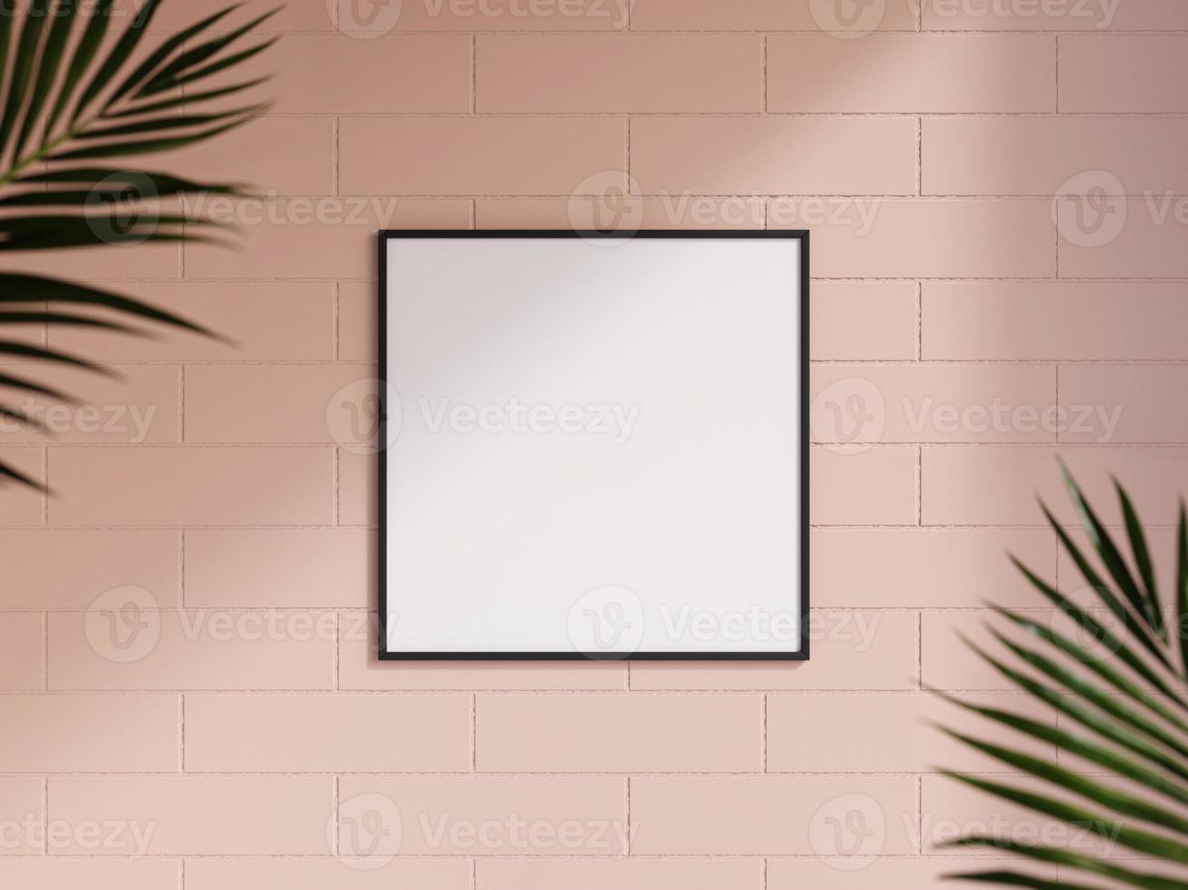Clean and minimalist front view square black photo or poster frame mockup hanging on the brick wall with blurry plant. 3d rendering.