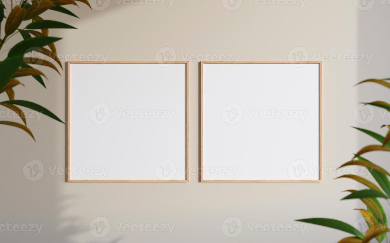 foto de madera cuadrada de vista frontal limpia y minimalista o maqueta de marco de póster colgada en la pared con planta borrosa. representación 3d