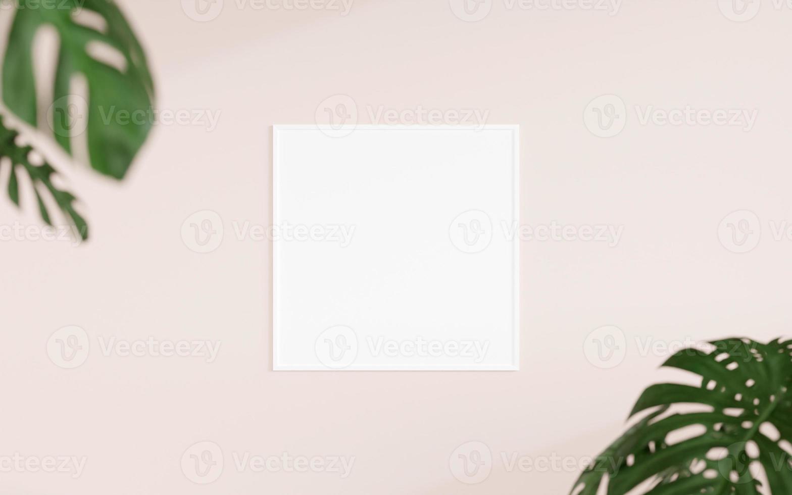 Clean and minimalist front view square white photo or poster frame mockup hanging on the wall with blurry plant. 3d rendering.