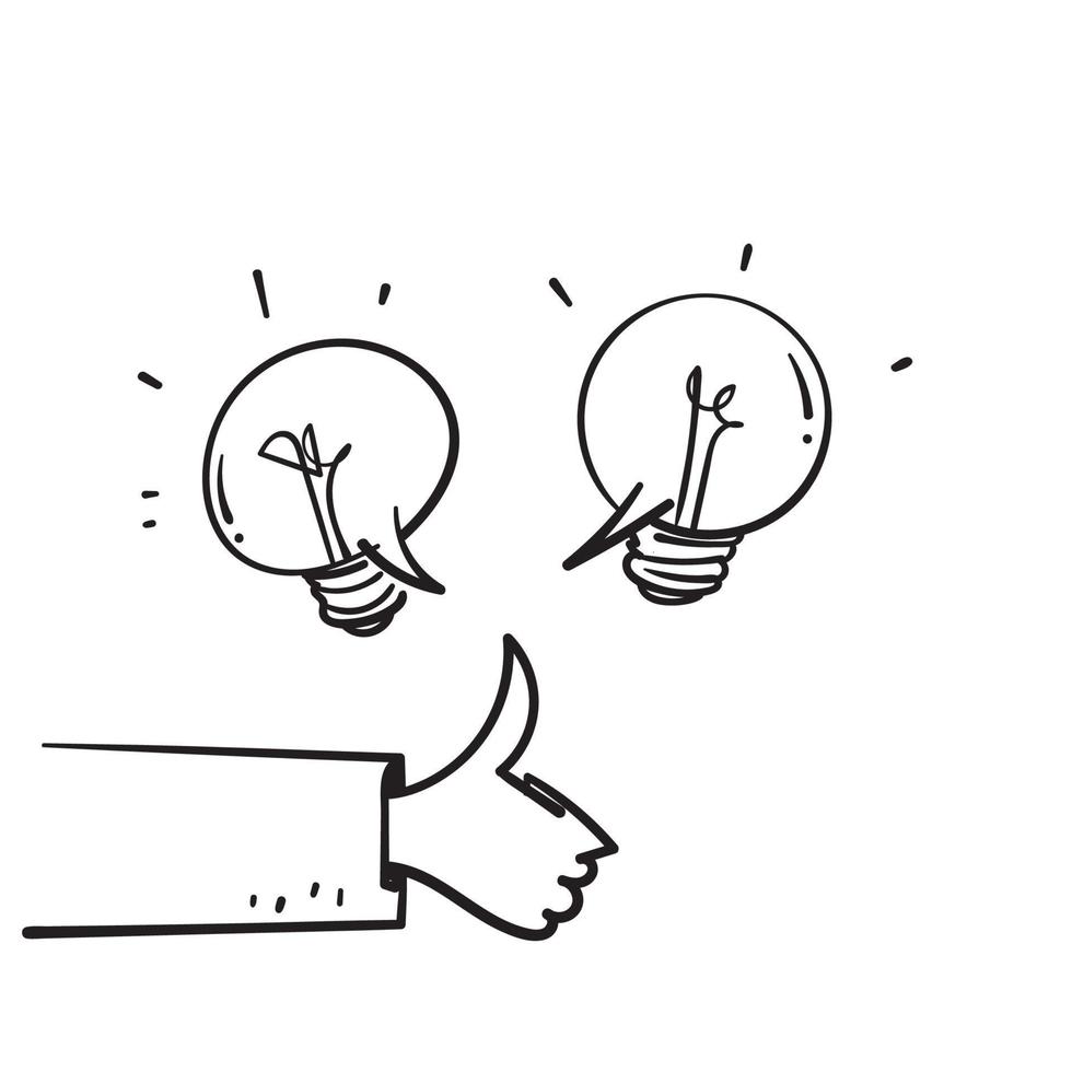 hand drawn doodle thumb up and light bulb idea illustration symbol for love the idea vector