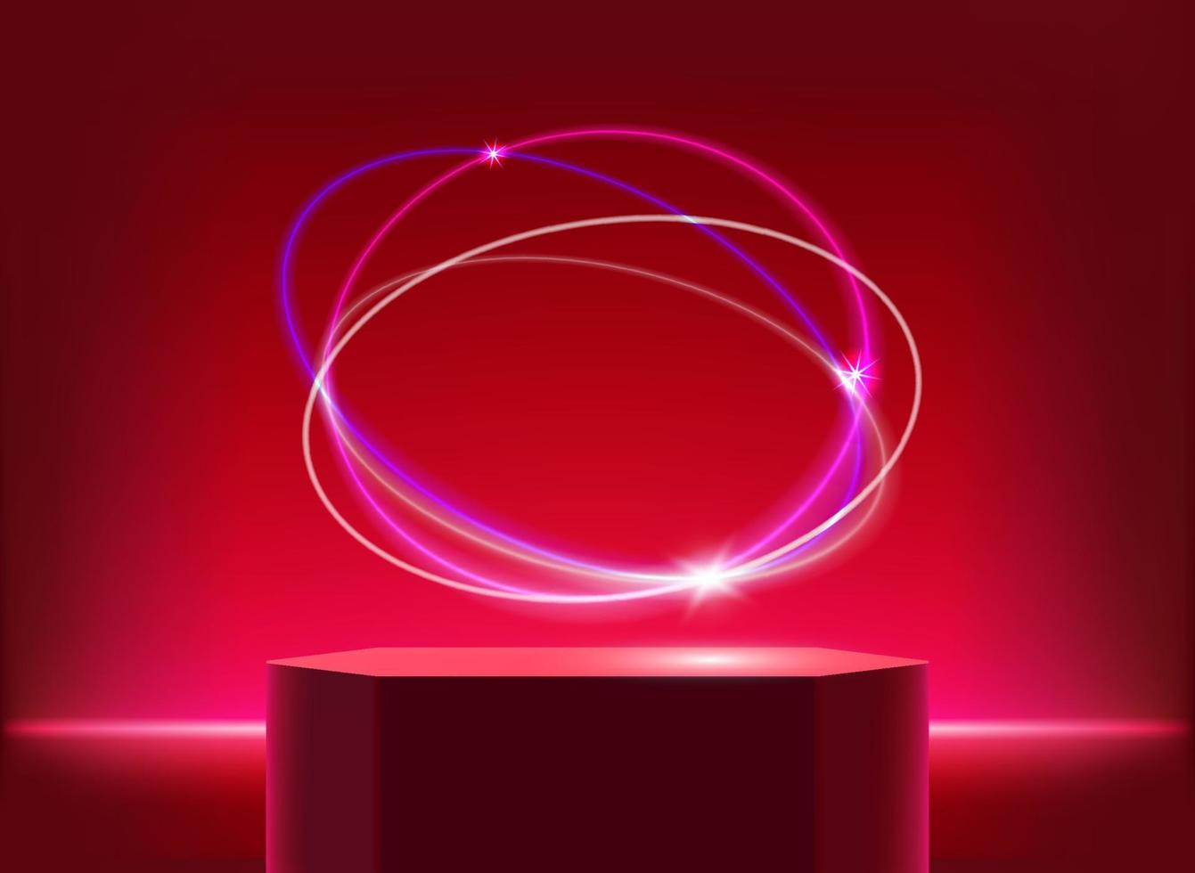 illuminated red studio with neon light, portal and podium. 3d vector illustration