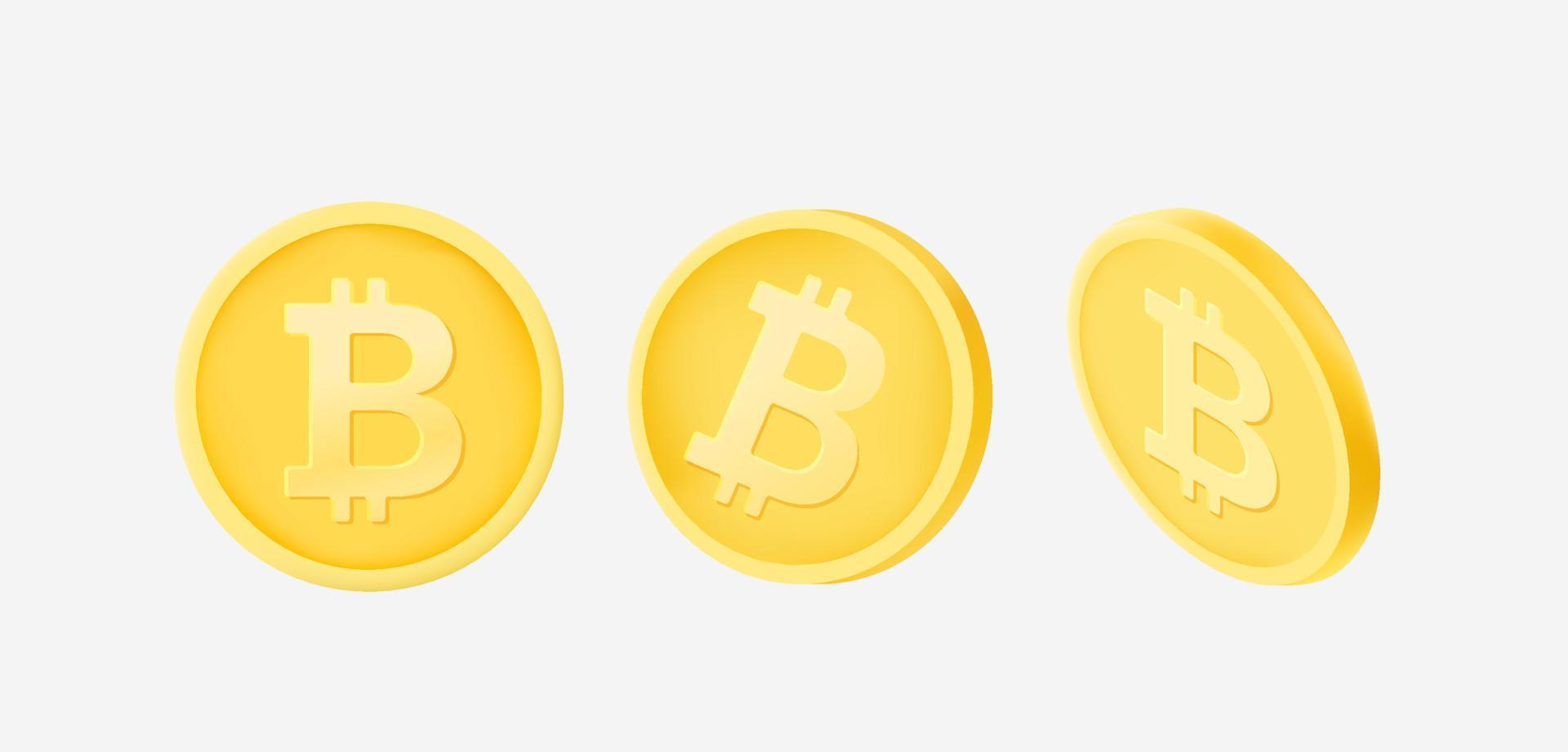 Gold bitcoin coins set isolated on white background. Vector 3d illustration
