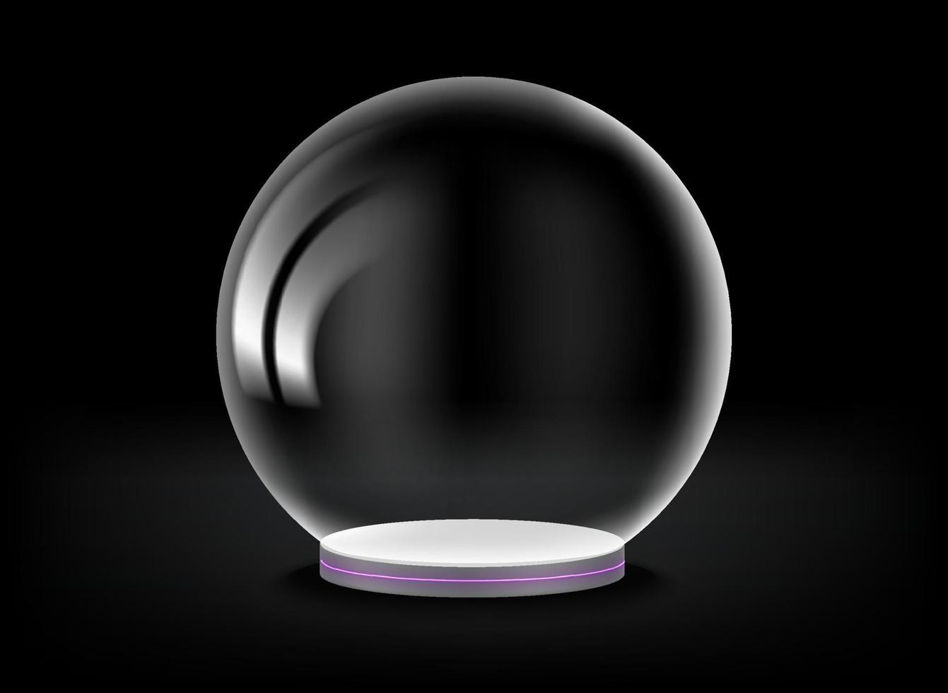 Empty black showcase with transparent glass sphere. 3d vector presentation mockup