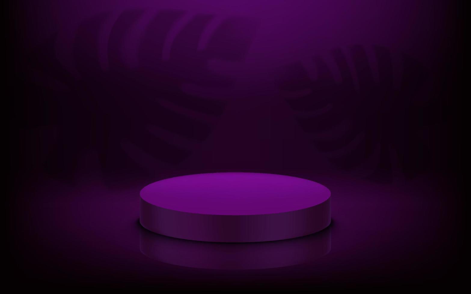Dusk purple studio with round platform and shadows of leaves, . 3d vector illustration