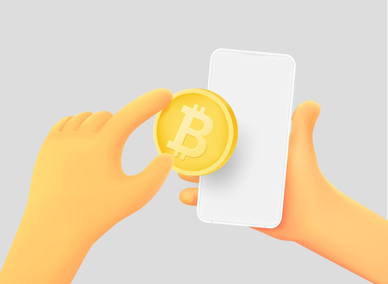 Hand holding smartphone with Bitcoin. Mining crypto currency via smartphone. 3d vector illustration