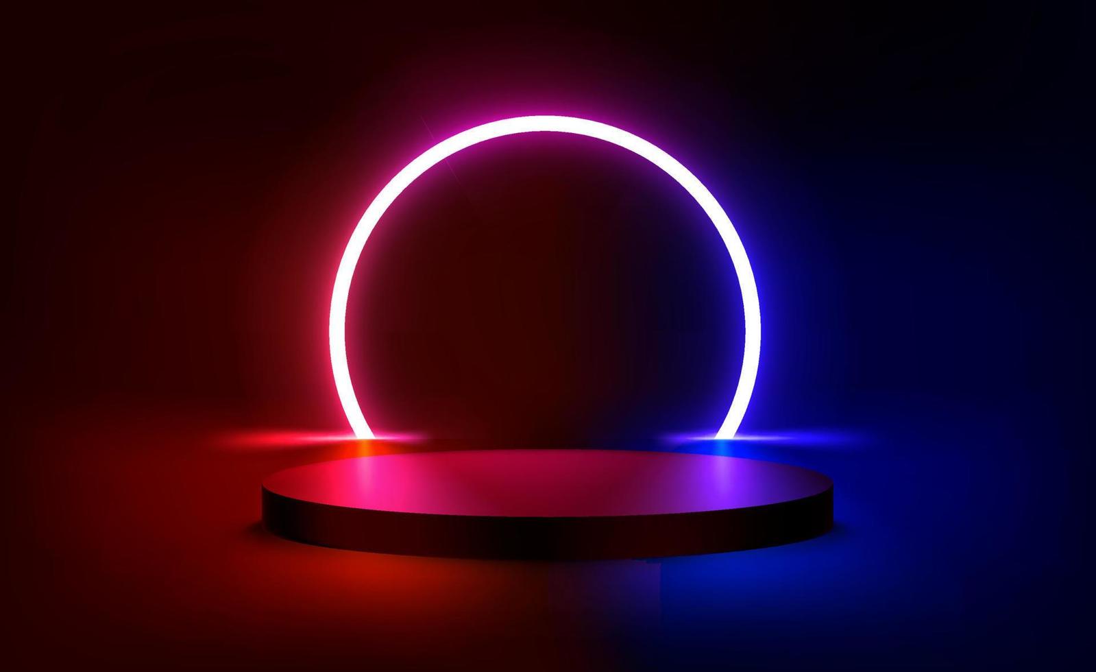 Vivid neon light in dark interior with podium. 3d vector illustration