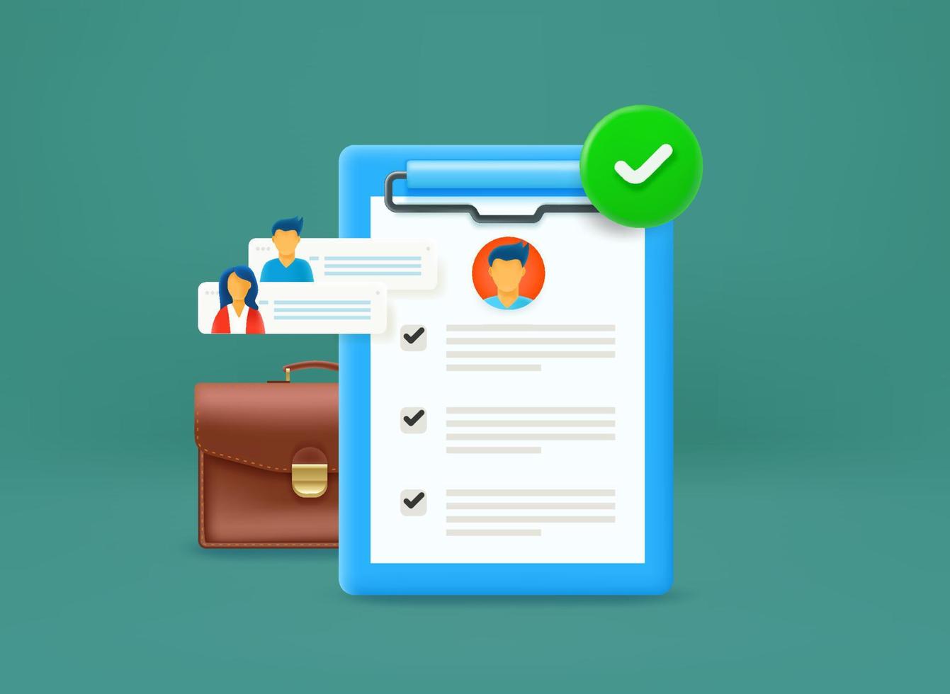 Business interview concept with suitcase and list of specification. 3d vector icon