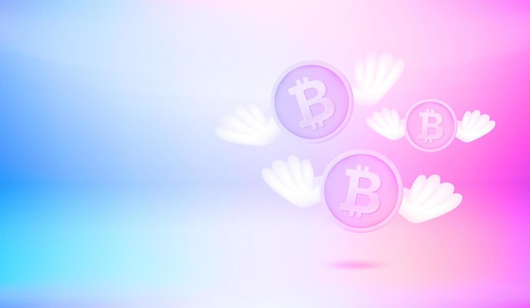 Flying bitcoin coins. Vector 3d banner with copy space