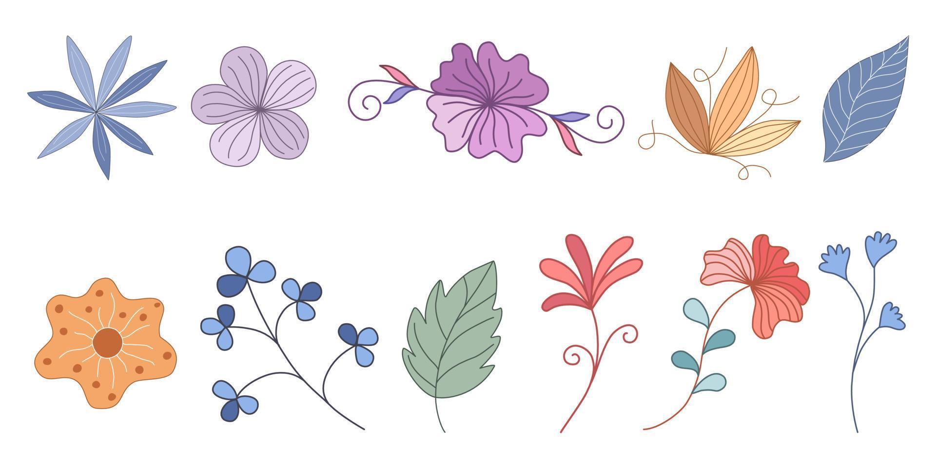 Set vector elements flowers and leaves, doodle style design on white background for digital printing, stickers, spring theme decorations, fabric patterns, cards, scrapbooks, t-shirt designs and more.