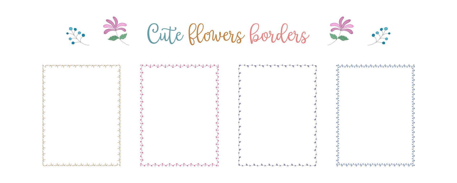 conjunto de patrones de flores de bordes en tonos brillantes sobre un fondo blanco para adornos, tarjetas, álbumes de recortes, marcos, decoraciones de papel, bodas y más. vector