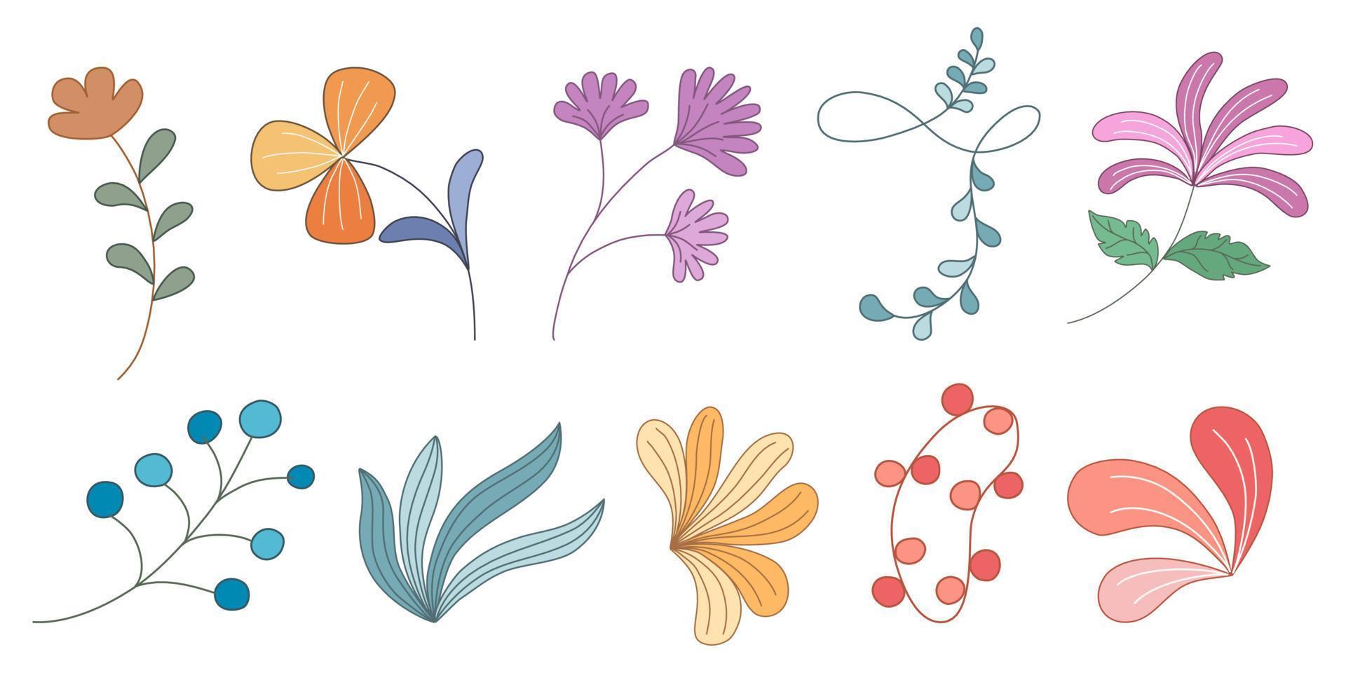 Set vector elements flowers and leaves, doodle style design on white background for digital printing, stickers, spring theme decorations, fabric patterns, cards, scrapbooks, t-shirt designs and more.