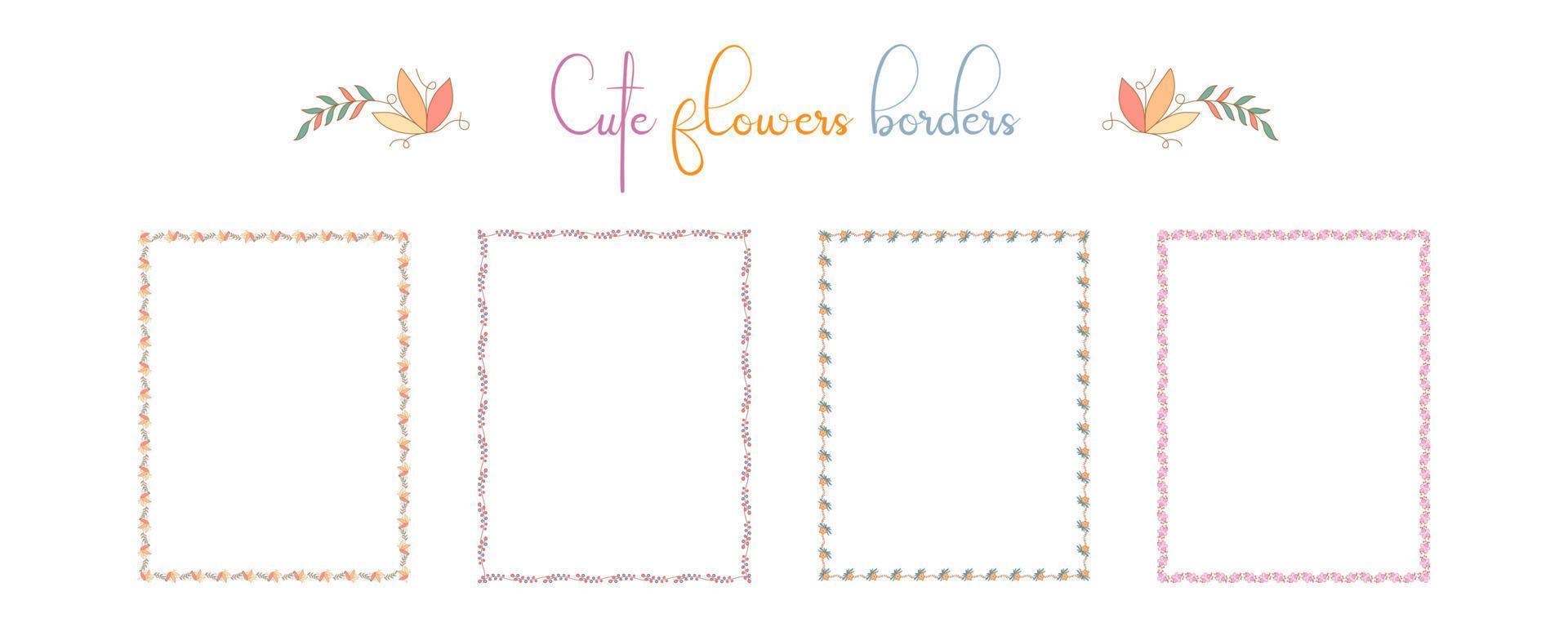 Set of borders flowers patterns  in bright tones on a white background for embellishments, cards, scrapbook, frames, paper decorations, weddings and more. vector