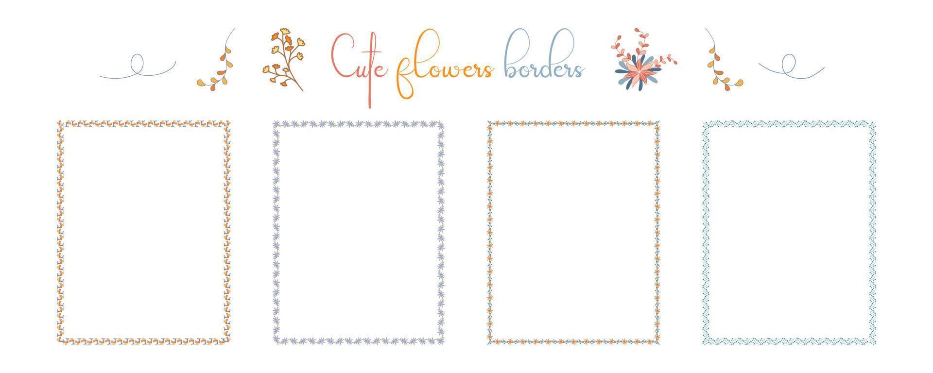 Set of borders flowers patterns  in bright tones on a white background for embellishments, cards, scrapbook, frames, paper decorations, weddings and more. vector