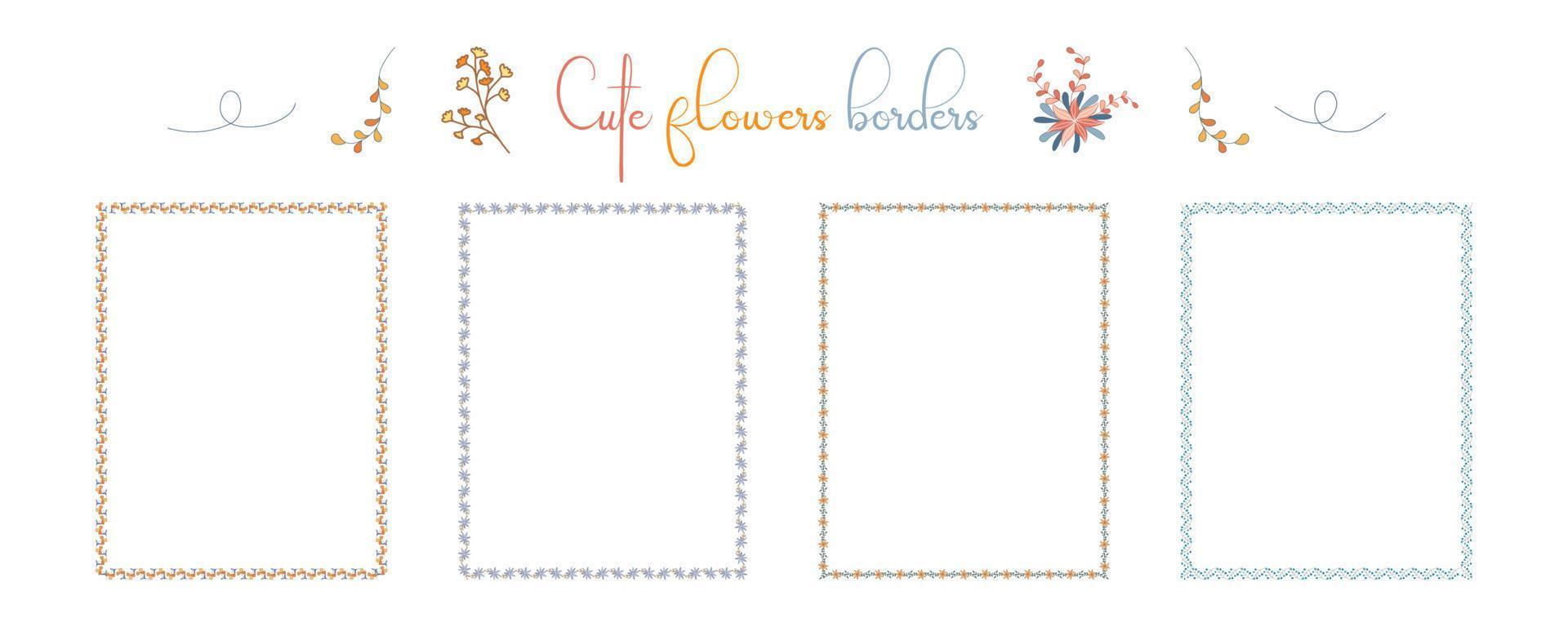 conjunto de patrones de flores de bordes en tonos brillantes sobre un fondo blanco para adornos, tarjetas, álbumes de recortes, marcos, decoraciones de papel, bodas y más. vector