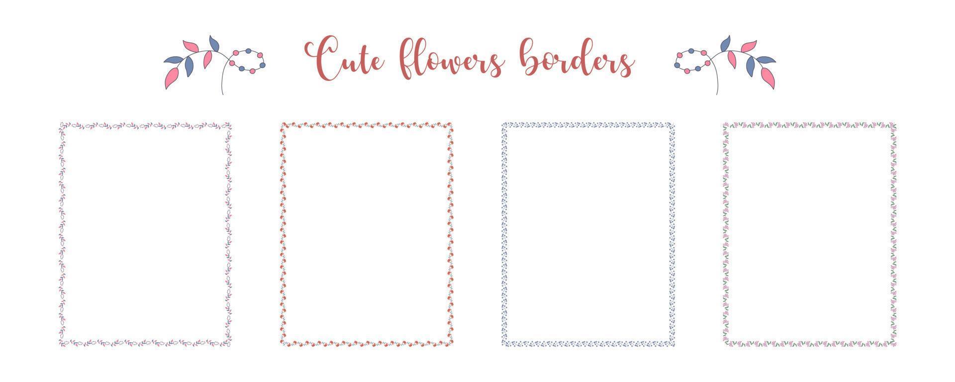 Set of borders flowers patterns  in bright tones on a white background for embellishments, cards, scrapbook, frames, paper decorations, weddings and more. vector