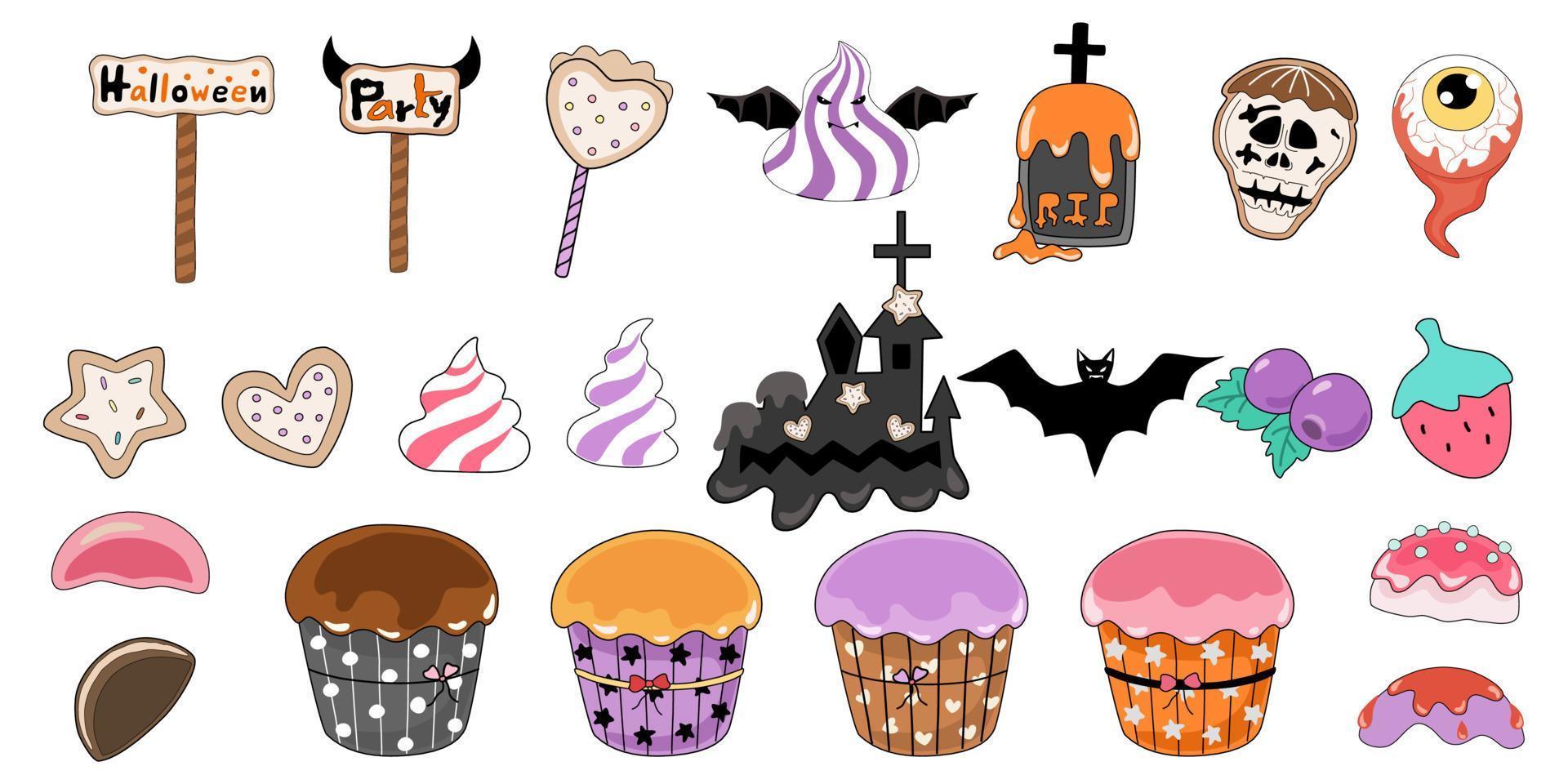 elementos de decoración de halloween diseñados en estilo garabato sobre fondo blanco. perfecto para decoraciones temáticas de Halloween, tarjetas, calcomanías, impresiones digitales, arte para niños, manualidades y más. vector