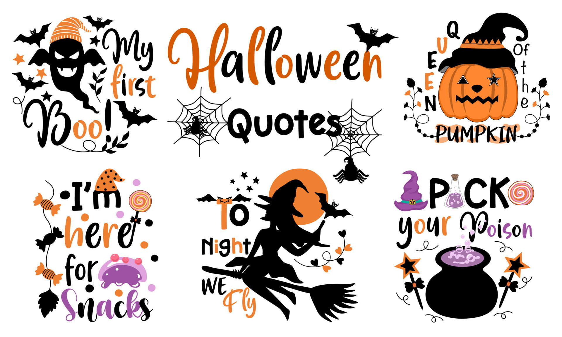 Halloween quotes set designed in doodle style in black and orange ...