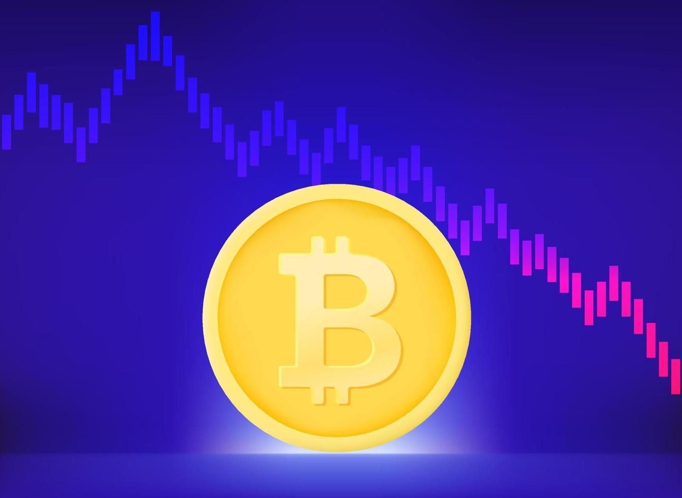 Bitcoin crisis concept with exchange rate graphic. Vector 3d illustration