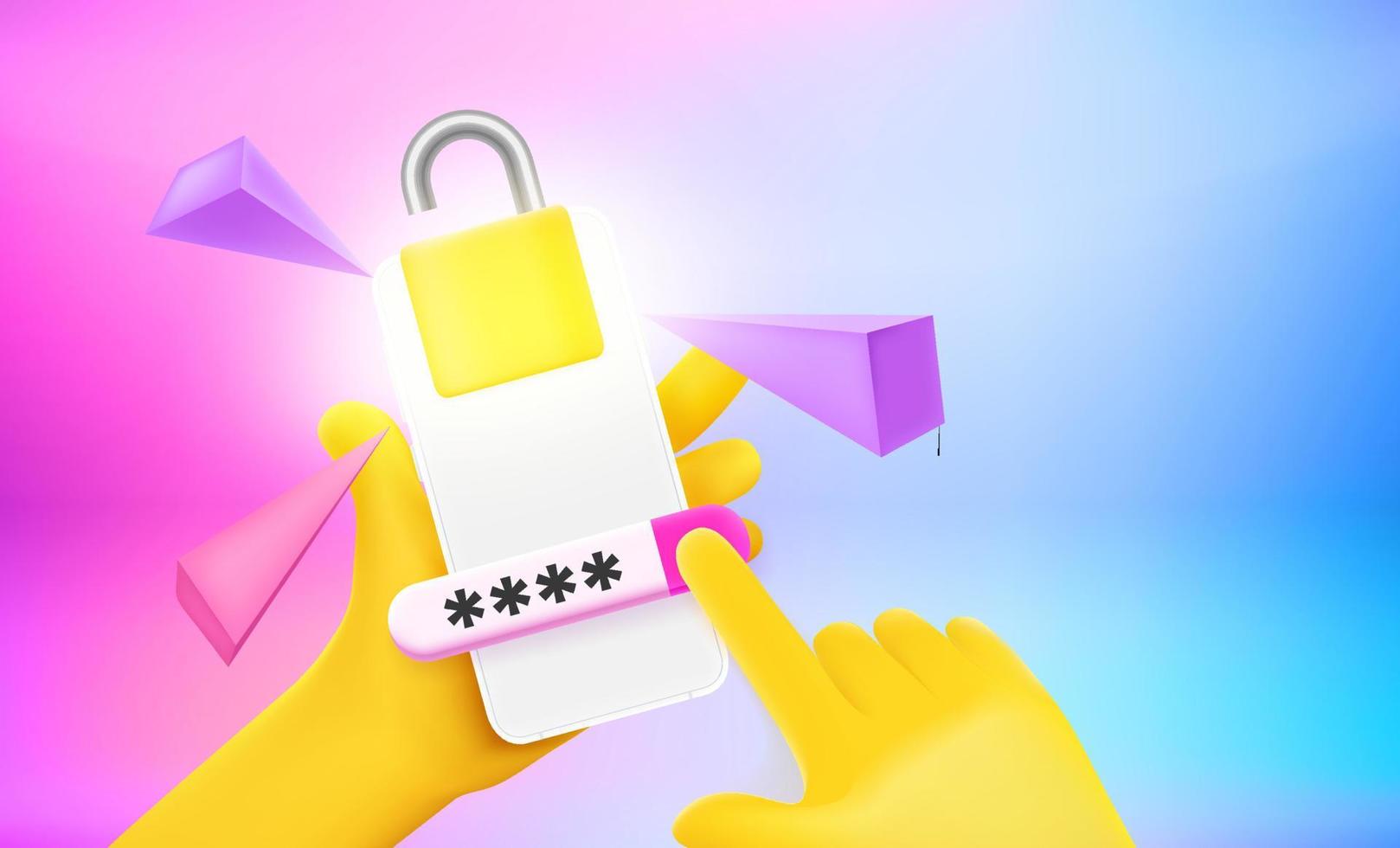 The thief inputting pincode to unlock the smartphone. 3d vector concept