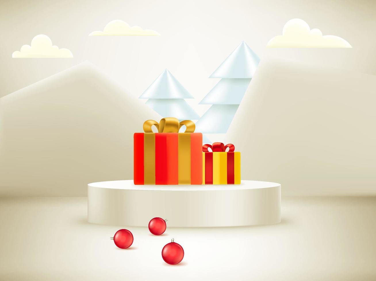 Christmas showcase with soft light and christmas elements. Realistic showcase. 3d style vector illustration