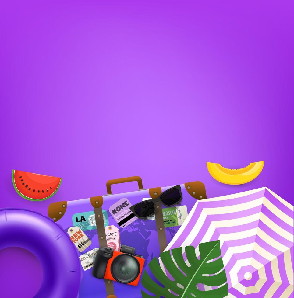 Travel banner with violet bag and summer accessories. 3d Vector banner with copy space