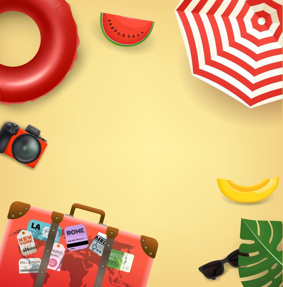 Travel banner with red bag and summer accessories. 3d Vector banner with copy space