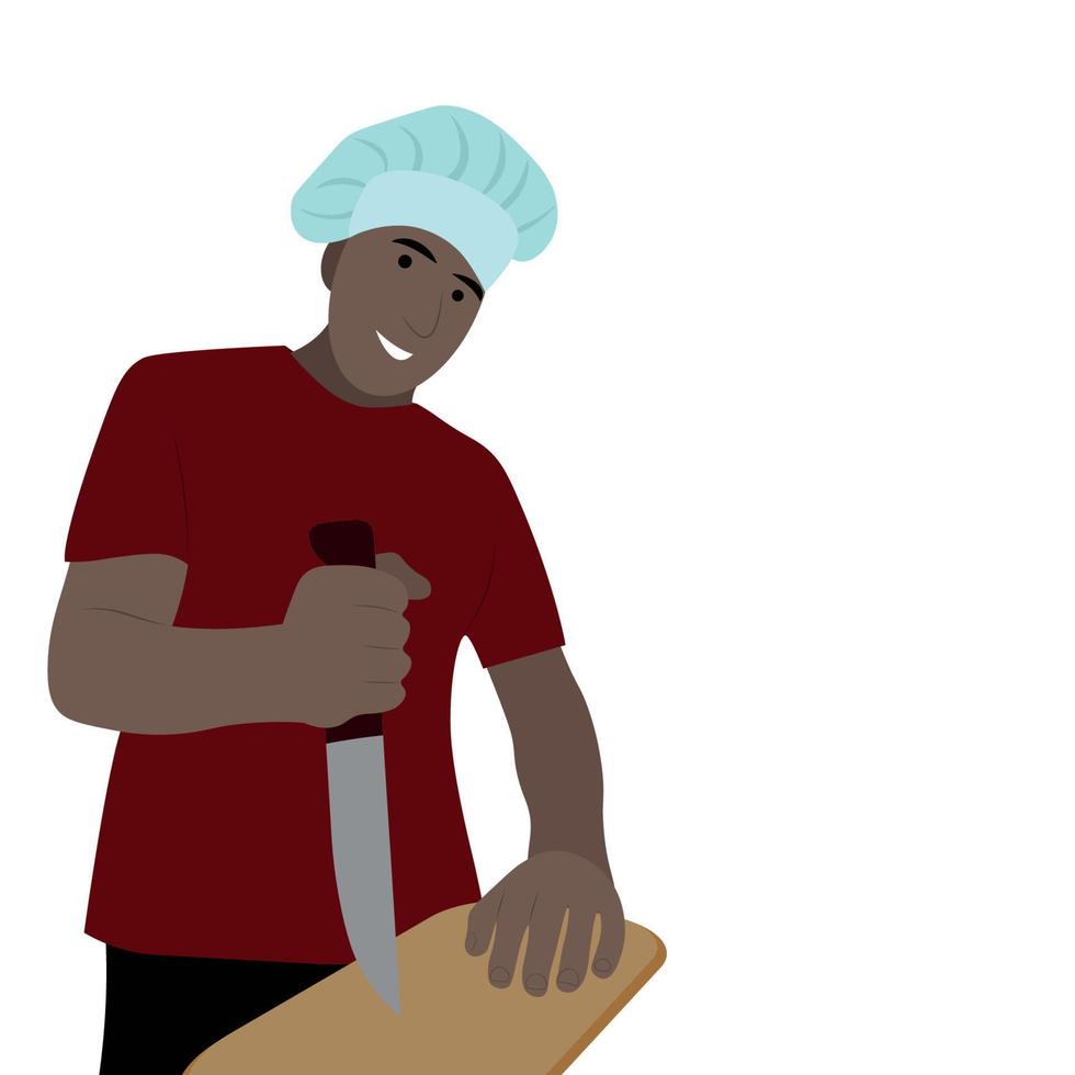 retrato de un hombre negro con sombrero de chef y con un gran cuchillo de cocina en la mano, aislado en blanco, vector plano, el tipo cocina