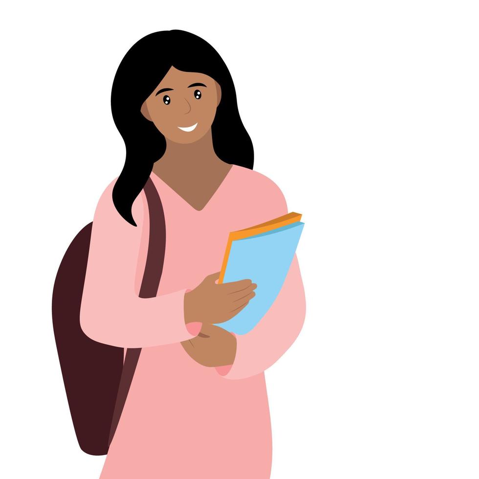 Portrait of a indian female student with books in her hands, isolated on white, flat vector, a girl in a pink tunic and with a backpack vector