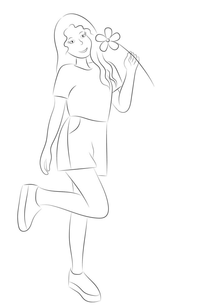 Sketch portrait of a cartoon cute girl who stands on one leg with a camomile in her hand, isolated on white, flat vector