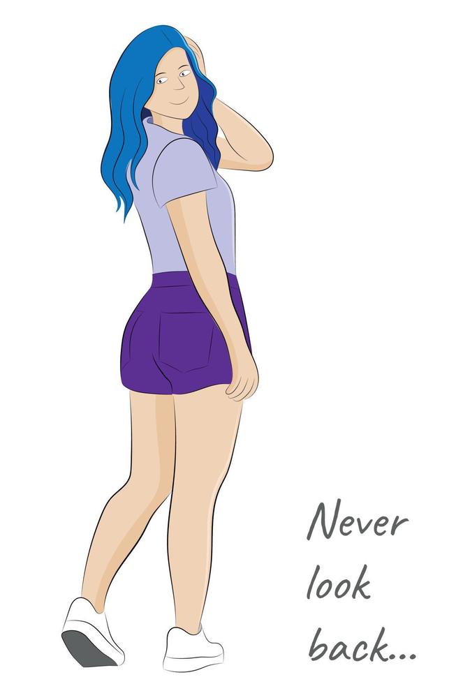 Portrait of cartoon cute girl with blue hair who turned back, flat vector, isolate on white background vector