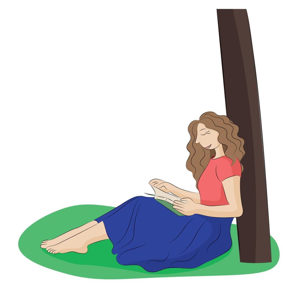 retrato de una chica fea con un libro en las manos, la chica se sienta debajo de un árbol y lee, se aísla en un vector blanco y plano
