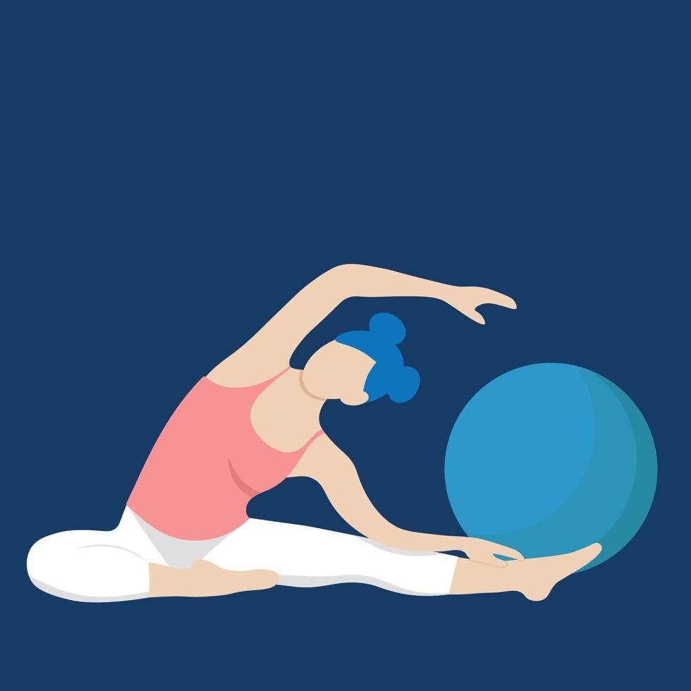 A girl in white leggings and a pink tank top does stretching, flat vector, healthy lifestyle, blue background, faceless illustration vector