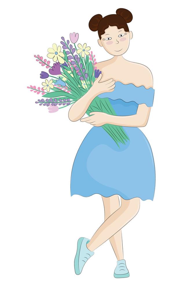 retrato de una linda chica de dibujos animados que está de pie con un ramo de flores en las manos, aislada en blanco, vector plano, foto de verano