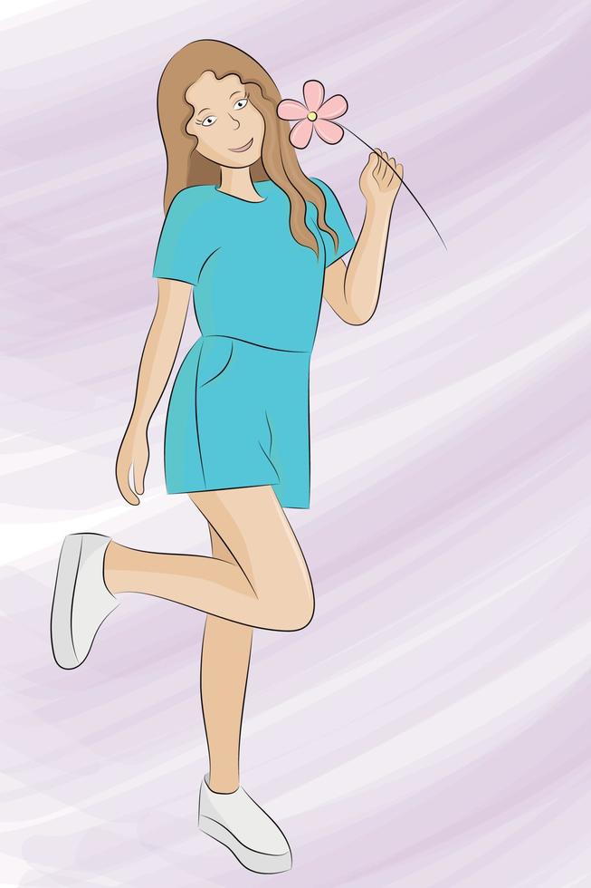 Portrait of a cartoon cute girl in a blue overalls, who stands on one leg with a camomile in her hand, on a pink background, flat vector