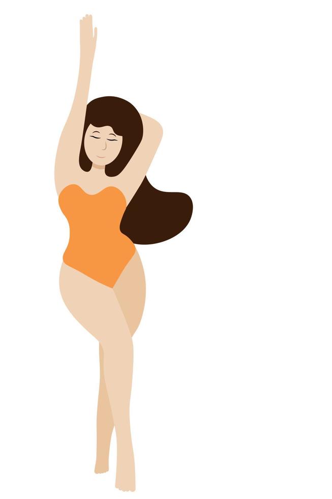 Overweight cartoon girl portrait, girl in swimsuit, isolate on white, flat vector, girl stands with one hand up vector