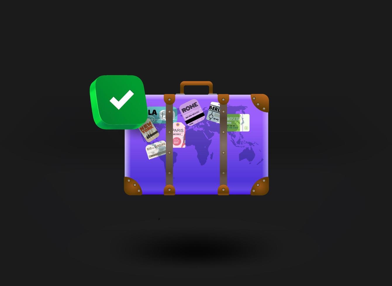 Violet travel suitcase with checkmark icon. 3d vector illustration