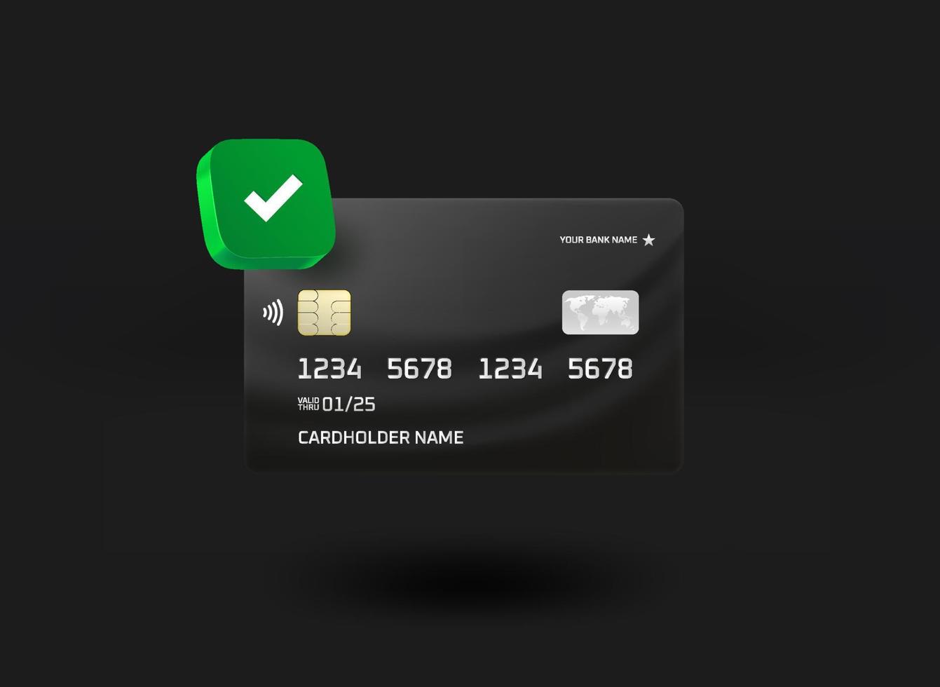Black premium plastic bank card with checkmark icon. 3d vector illustration