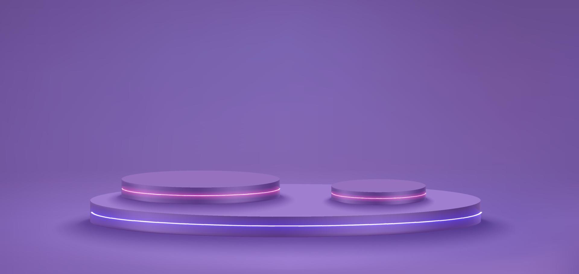 Violet interior with three circle platforms. Showcase for product. Vector 3d illustration