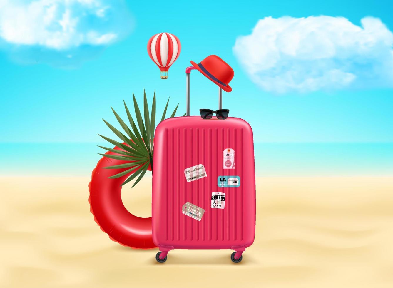 Plastic travel suitcase with stamps on a sunny beach. 3d vector illustration