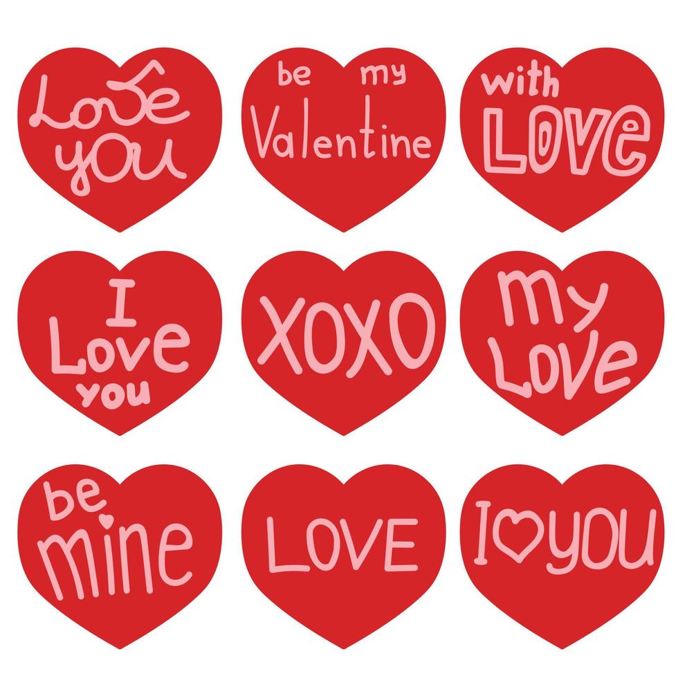 Set of red hearts with various inscriptions in pink for Valentines Day vector