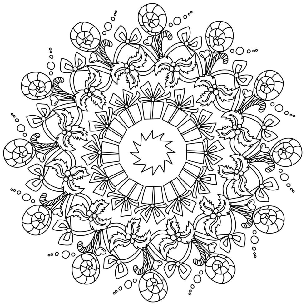 Christmas mandala coloring book with holiday attributes, gift, holly and candy, outline doodle wreath with ornate ribbons vector