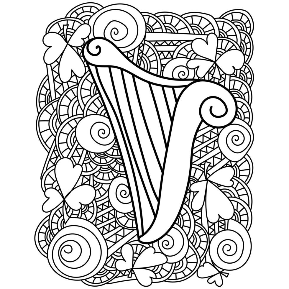 Coloring page with harp for St Patricks day, ornate patterns and clover for festive activity vector