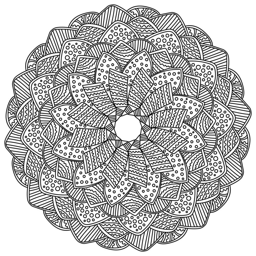 Zen contour mandala with patterned petals, coloring page in the form of a round frame with circles, stripes and waves vector