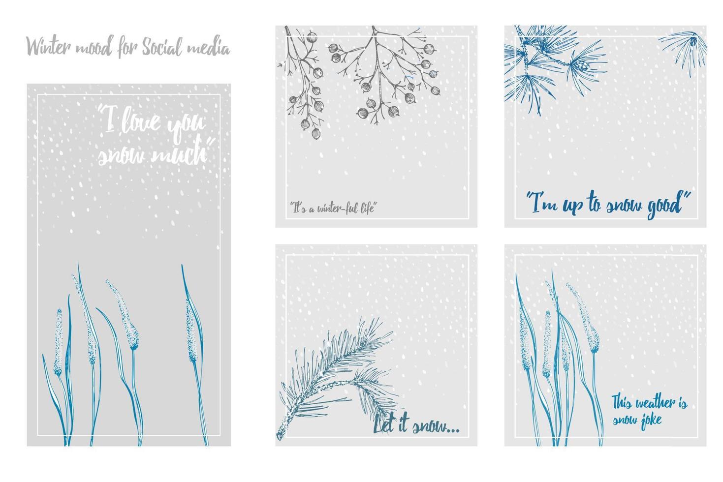 Hand-drawn sketch Christmas plants social media post with pine cones, berries, branches, leaves in engraving style. Vintage herbal border Xmas retro decor Wedding graphic Hello, winter. Vector