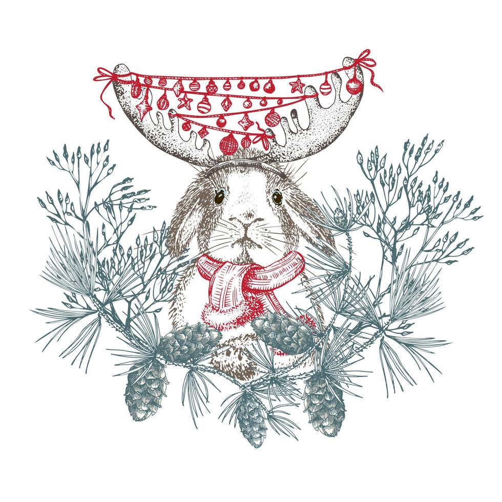 Hand drawn rabbit in red winter hat, scarf, antlers and garland of balls Xmas wreath Bunny symbol Chinese New Year 2023. Christmas decort. Tattoo art. engraving style design. Vector