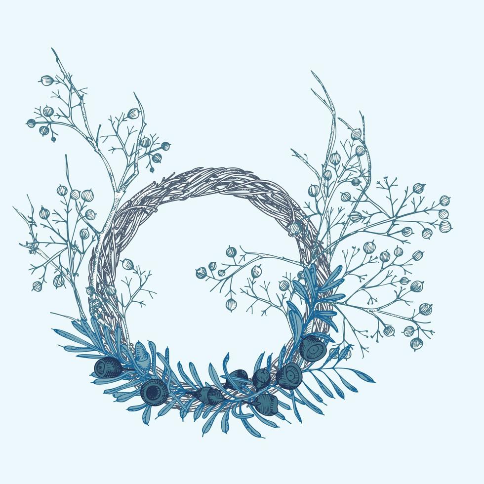 Hand-drawn sketch winter wreath with yew tree, berries, branches, leaves in engraving style. Vintage floristic door wreath. Christmas retro decor Wedding graphic frame Hello, fall. Vector. vector