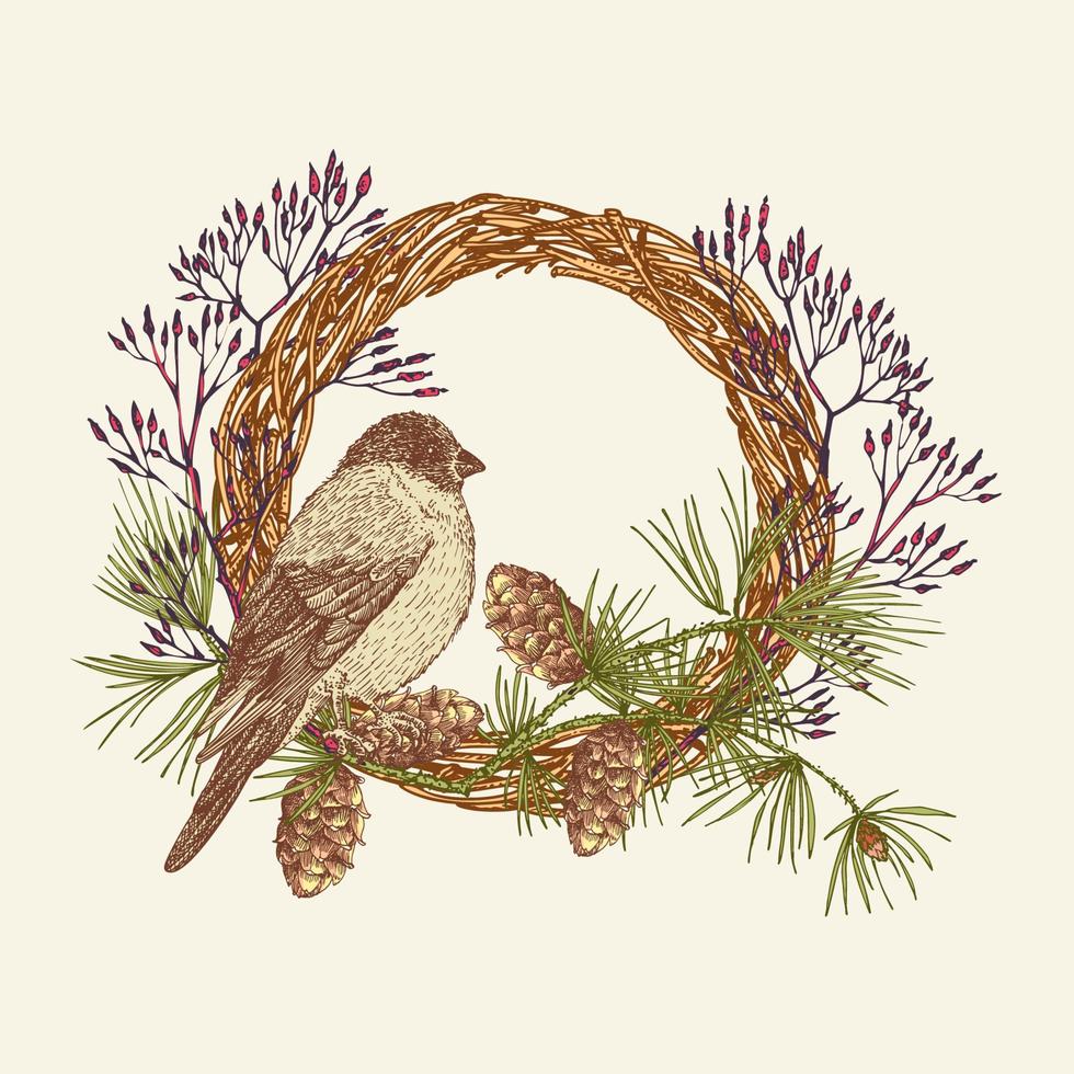 Hand-drawn sketch autumn floristic wreath with bird, pine cones berries, branches, leaves in engraving style. Vintage door decor Wedding graphic frame Hello, fall. Thanksgiving retro vector